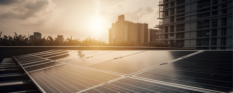 Painéis de energia solar instalados no topo de um condomínio durante o pôr do sol, simbolizando o uso da energia solar em condomínios.