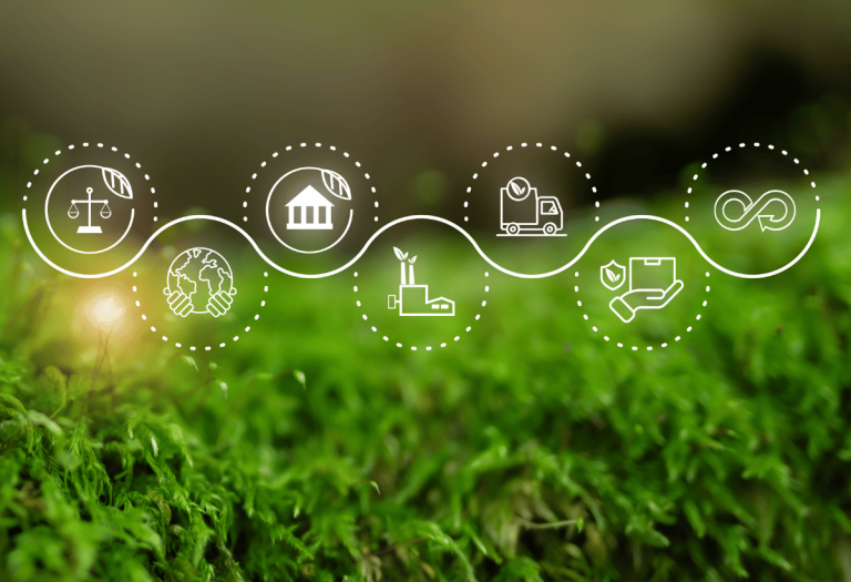 Ilustração de ESG mostrando práticas ambientais, sociais e de governança integradas em uma cadeia sustentável.