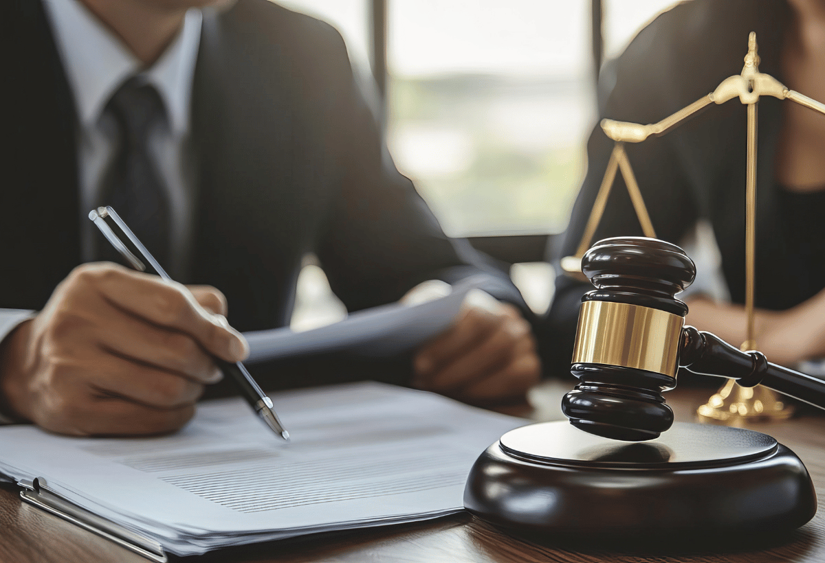 Martelo de juiz sobre a mesa durante assinatura de documentos em uma empresa.